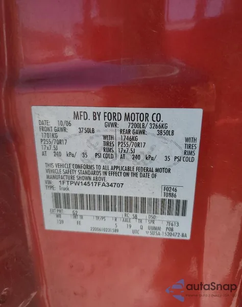 2007 Ford F150 Supercrew из США, поврежденный, VIN 1FTPW14517FA34707